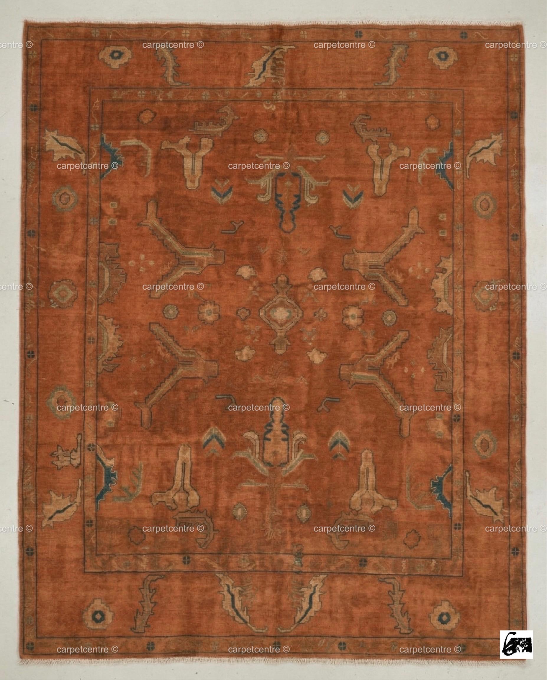 Hand Knotted Terracotta Oushak Rug, Geometric Wool Area Carpet, Boho Living Room Home Decor