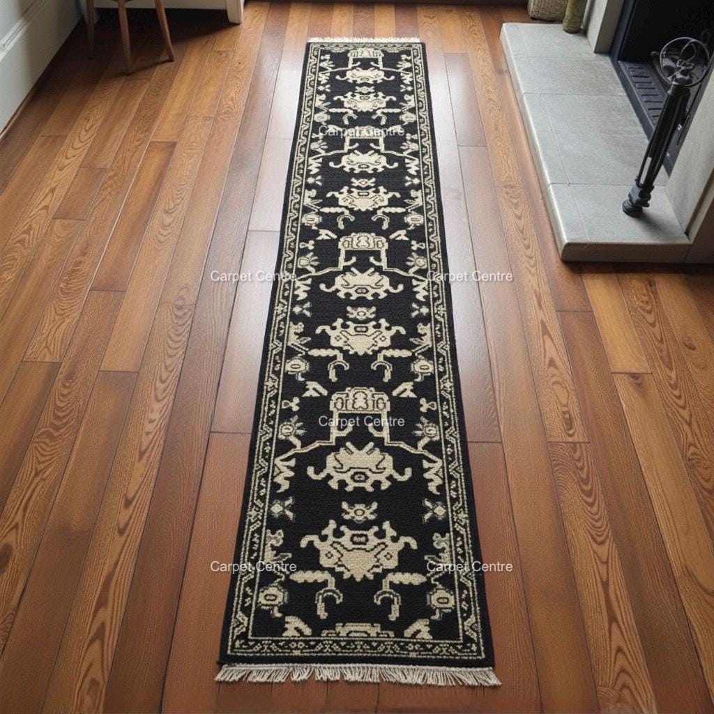 Handmade Wool Oushak Runner Rug, Black & Cream Geometric Entryway
