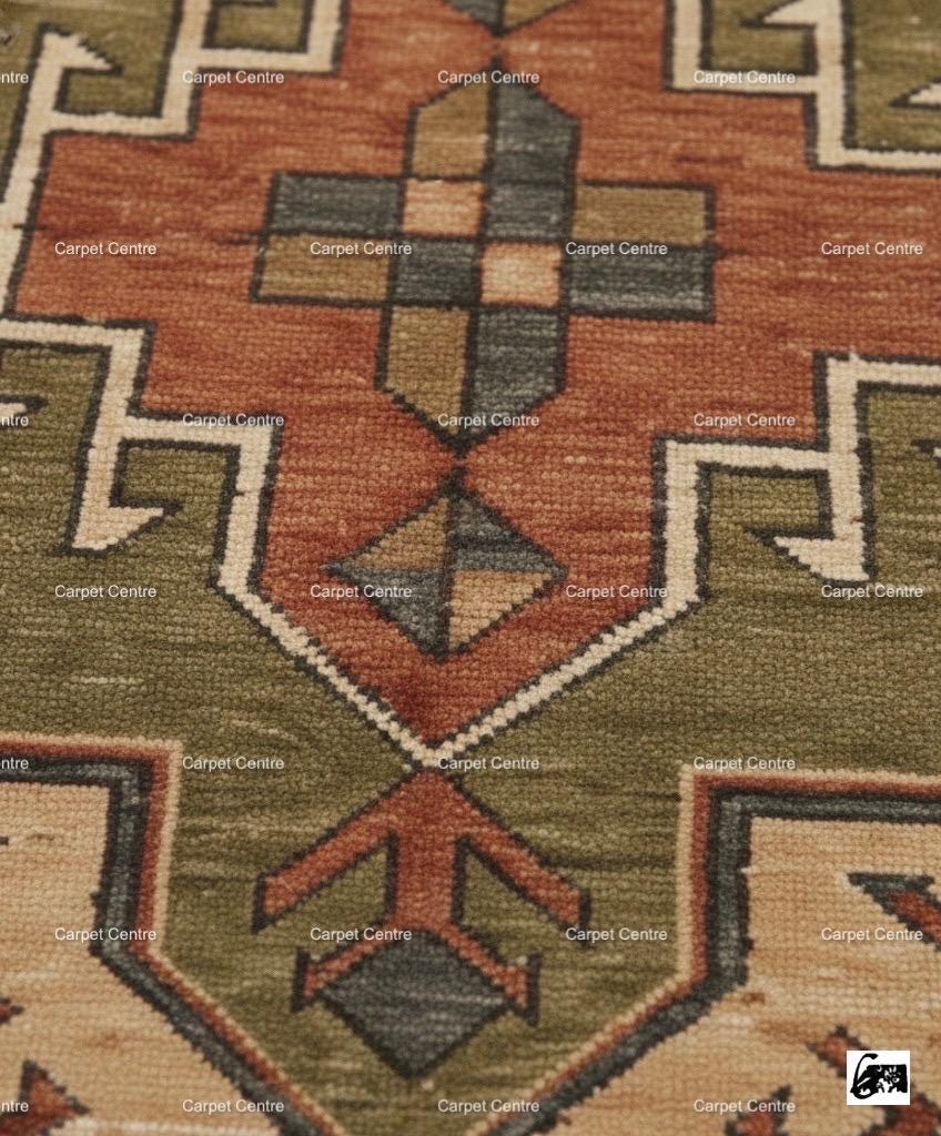 Hand-Knotted Oushak Wool Rug, Rust Terracotta Olive Green, Geometric Tribal Design
