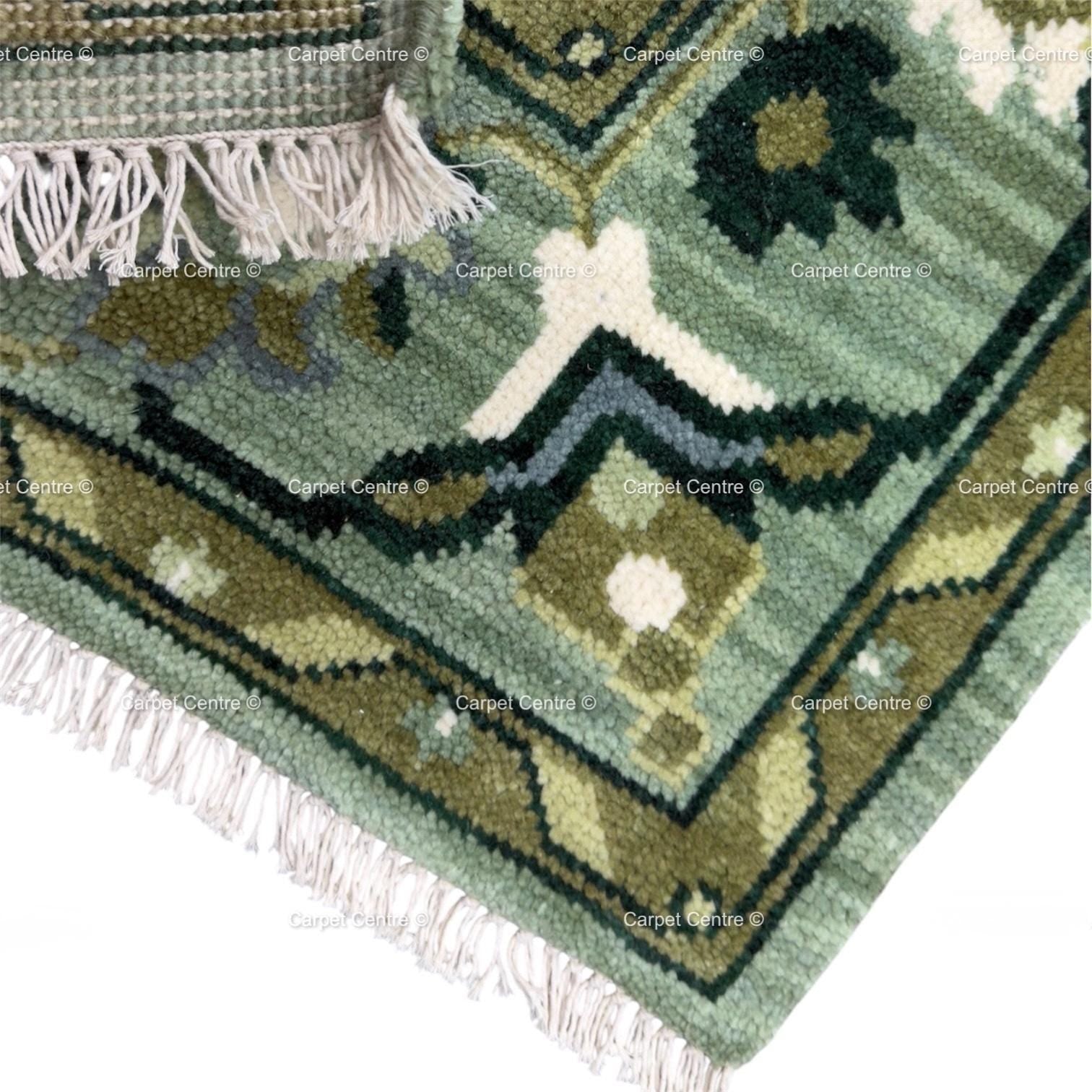 Hand-Knotted Oushak Rug, Emerald Sage Green Floral Medallion, Handspun Wool Area Rug