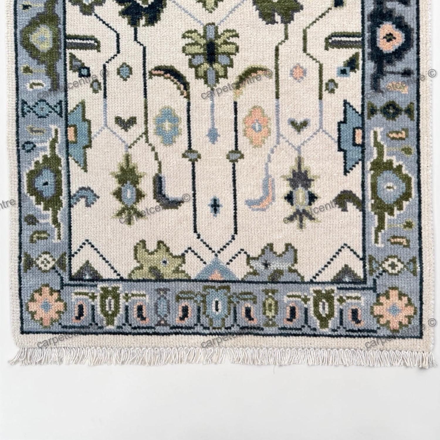 Hand Knotted Oushak Runner, Ivory Blue Wool Hallway Rug, Modern Farmhouse Style
