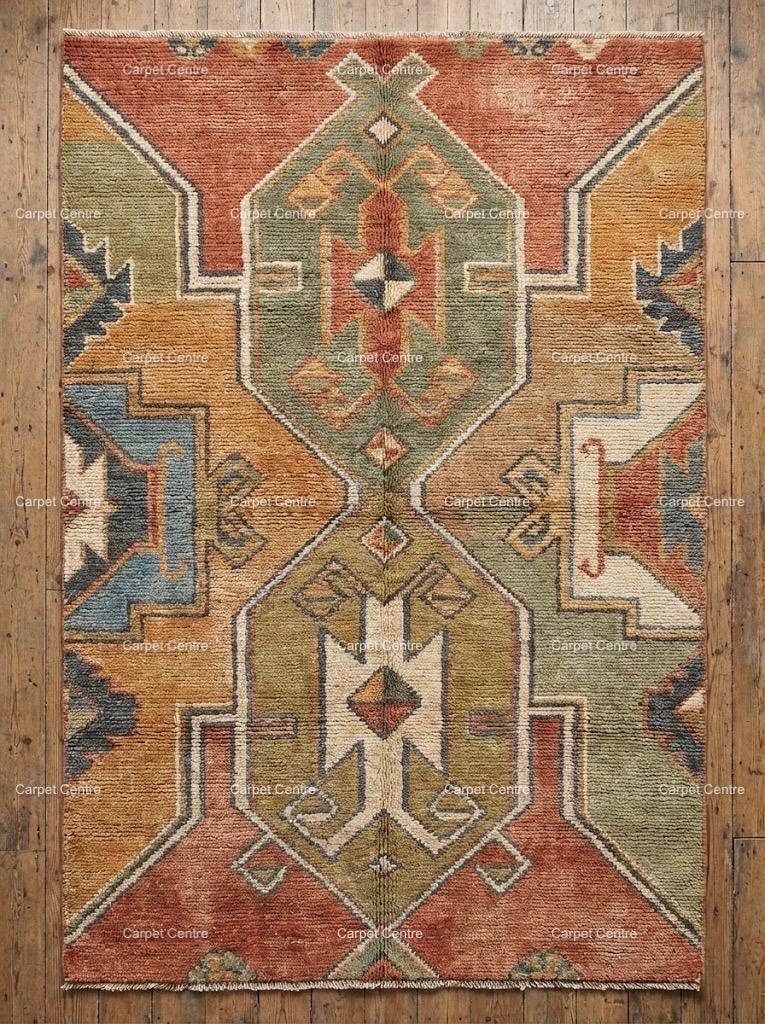 Hand-Knotted Wool Oushak Rug, Rust Green Geometric Tribal Turkish Vintage Decor