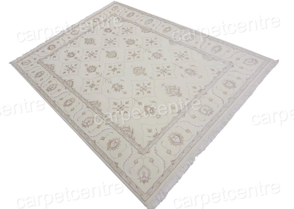 Vintage Handwoven Wool Medallion Rug: Cream and Art Silk, 7'10"x5'9"
