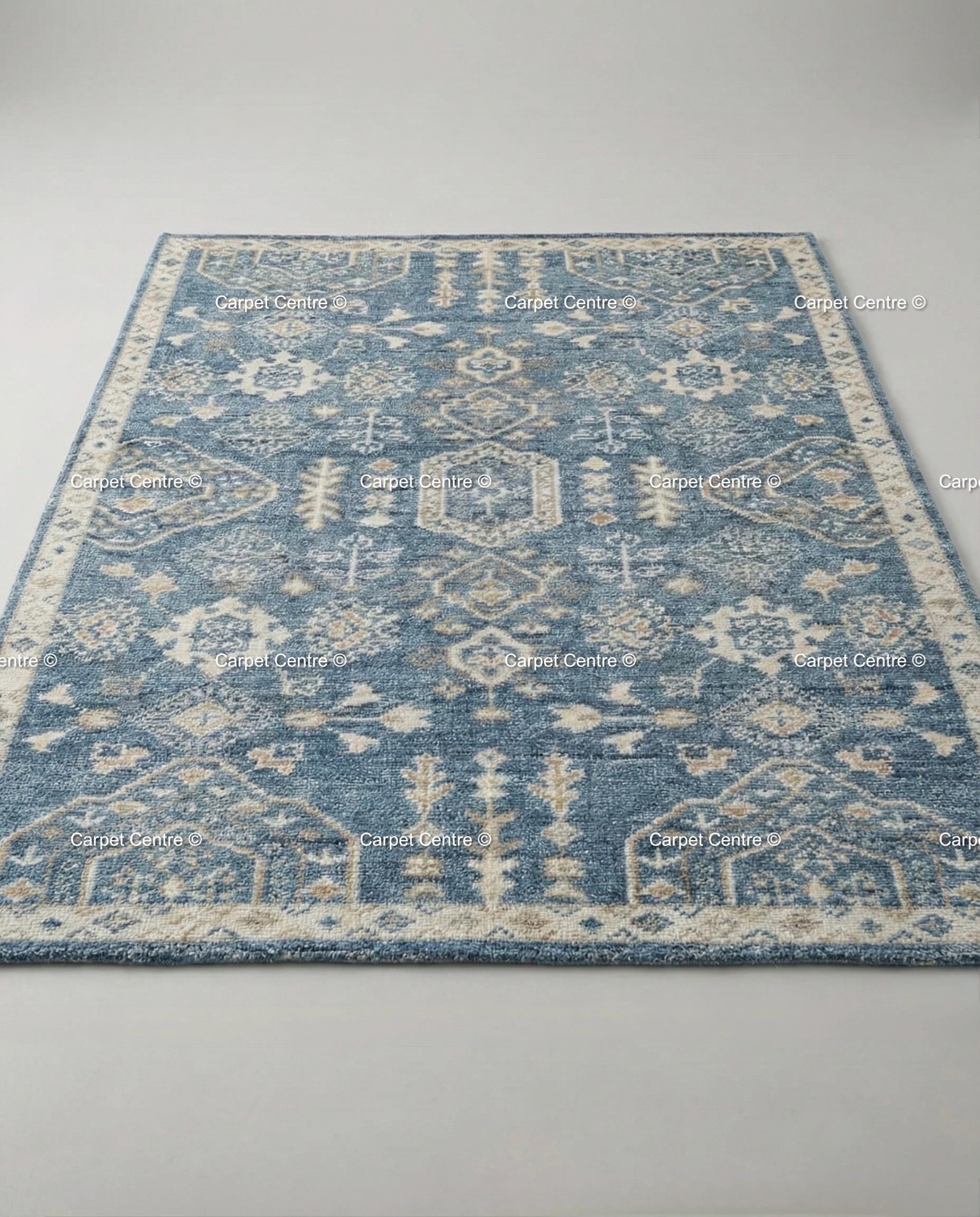 Indigo Blue Oushak Rug, Hand-Knotted Wool Tribal Geometric Carpet, Living Room Bedroom Decor