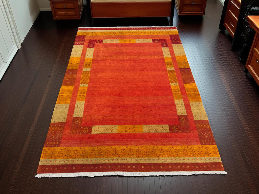 Hand Knotted Wool Rug | Terracotta & Gold Geometric, Indian Artisan Made (7'9" x 5'7")