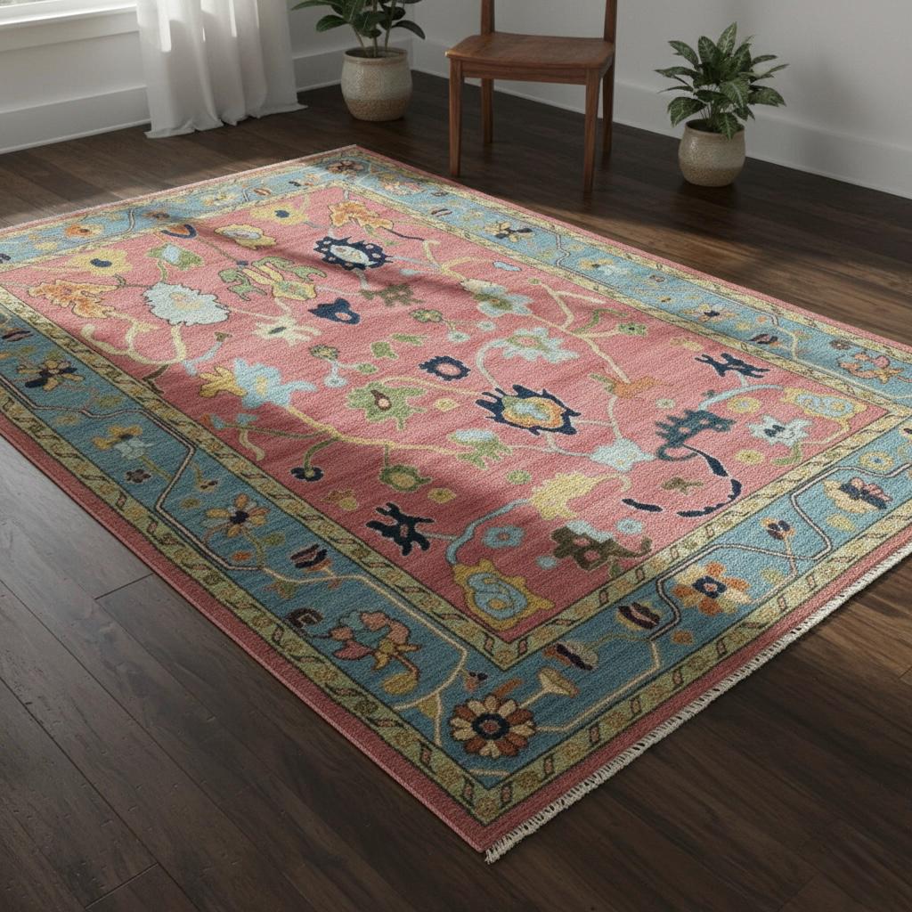 Hand-Knotted Oushak Wool Rug | Pink & Sky Blue Folk Floral