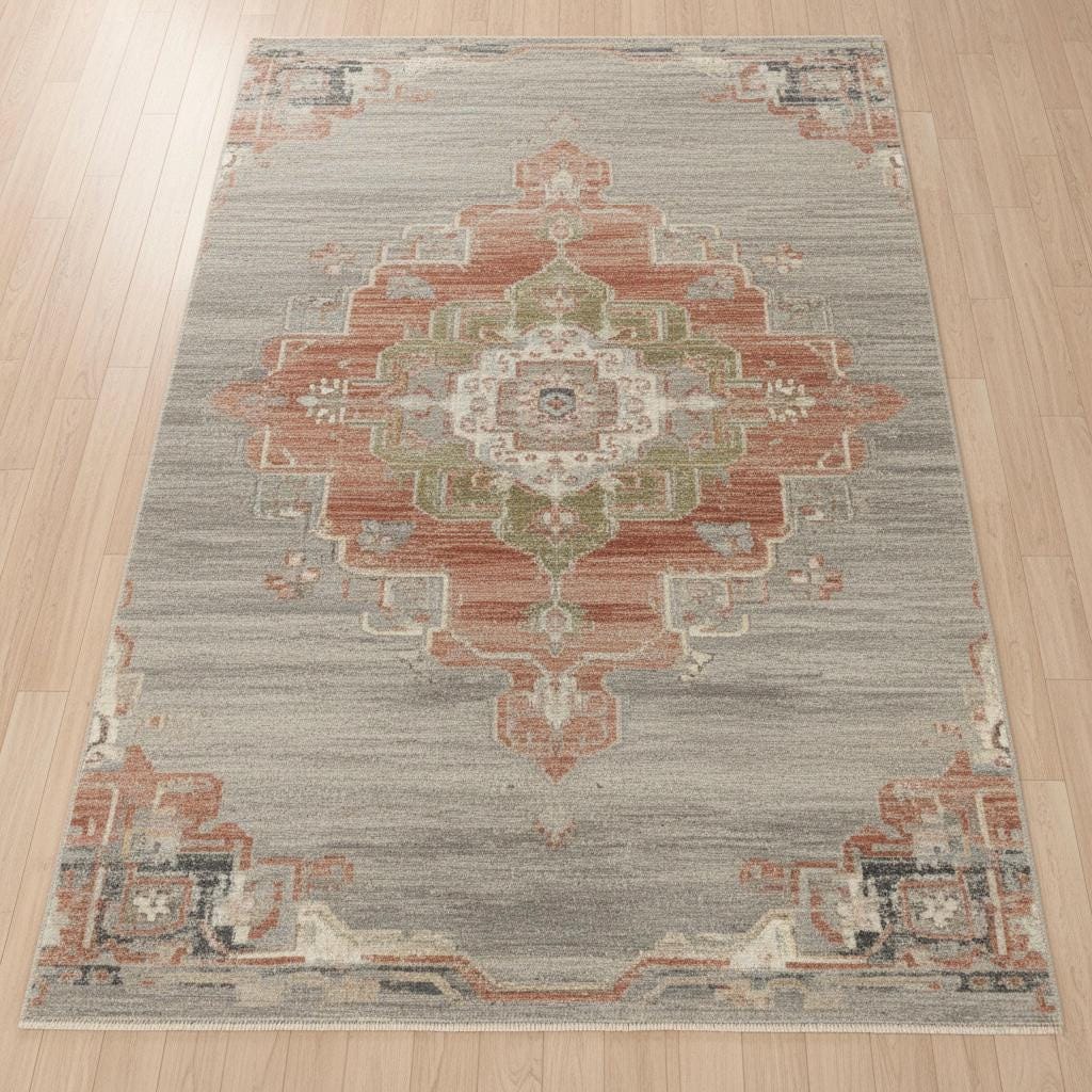 Handwoven Wool Oushak Rug: Gray, Rust Medallion