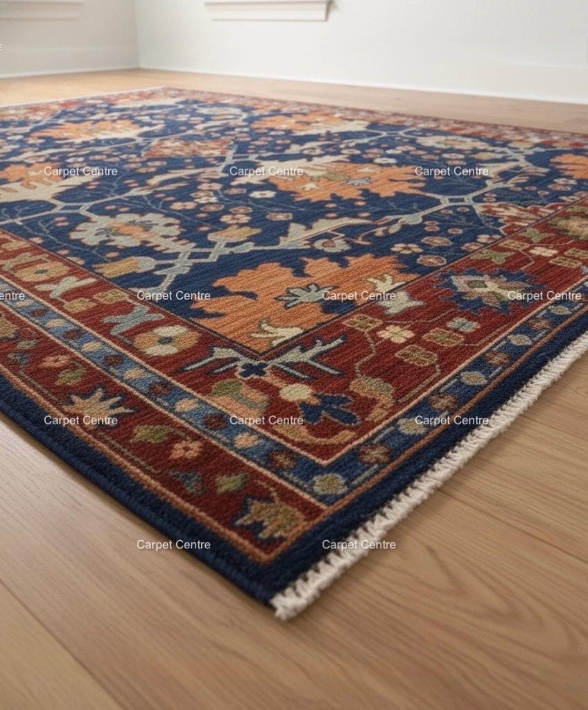 Navy Blue Hand-Knotted Wool Rug, Heriz Oushak Style