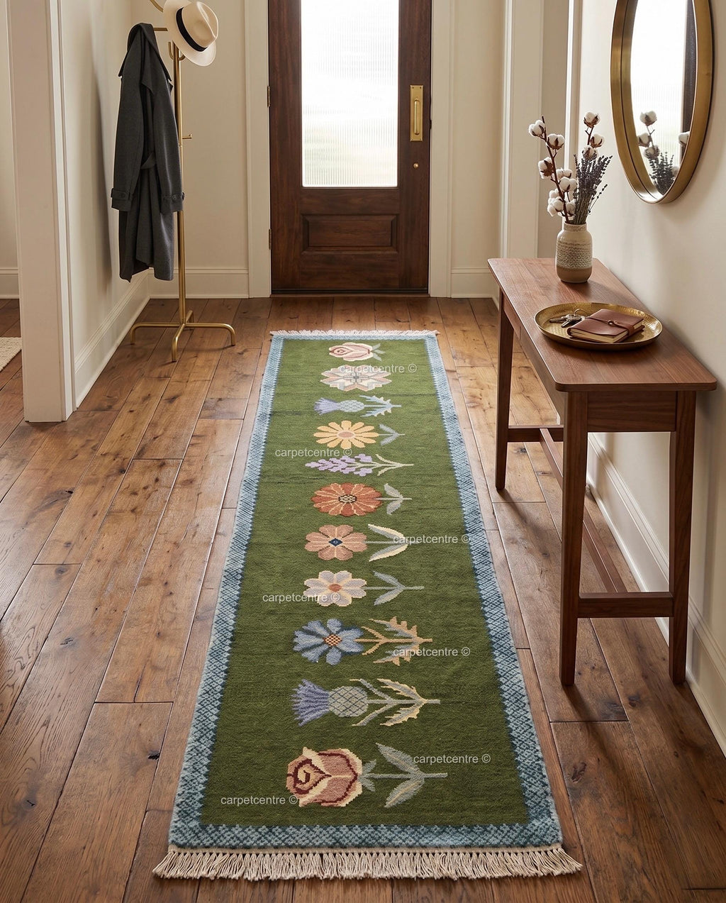 Handmade Wool Runner Rug – Olive Green Wildflower Botanical Carpet (Custom Sizes)