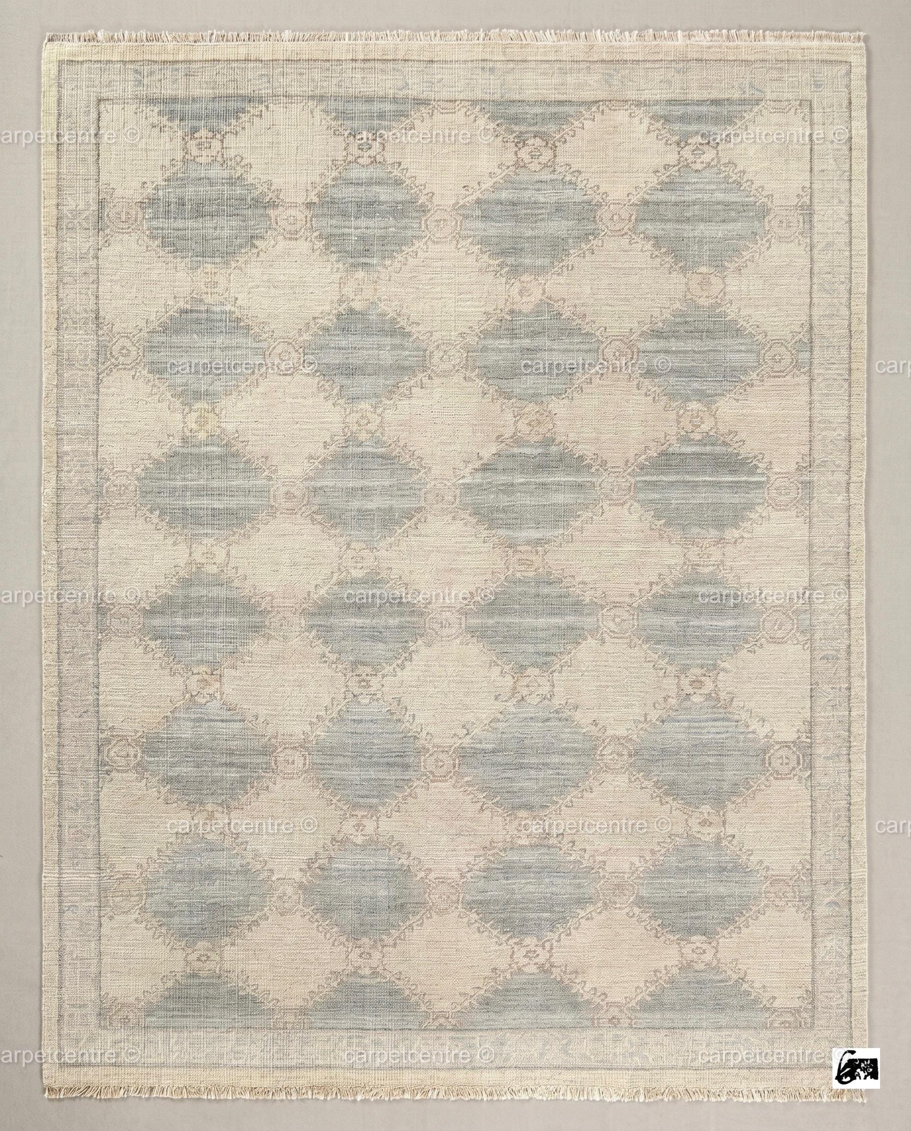 Muted Blue Oushak Rug, Hand-Knotted Wool Geometric Diamond Area Rug