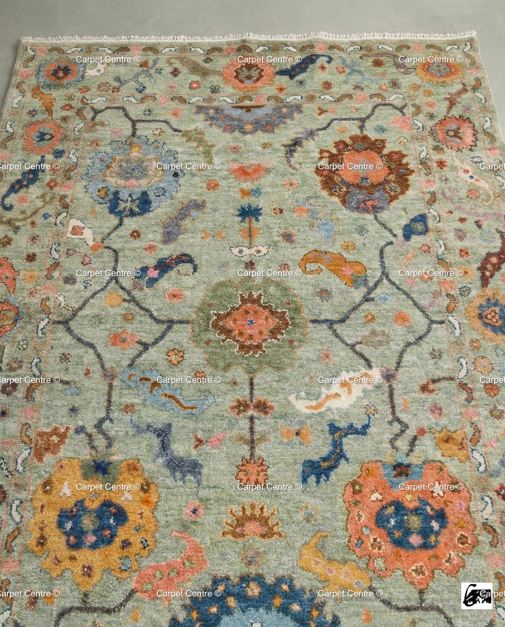 Sage Green Oushak Rug, Hand Knotted Wool, Arts & Crafts Floral