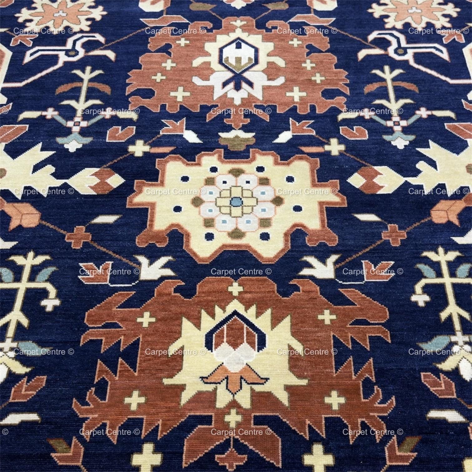 Navy Blue Oushak Rug, Rust Geometric Turkish Tribal Boho Area Rug