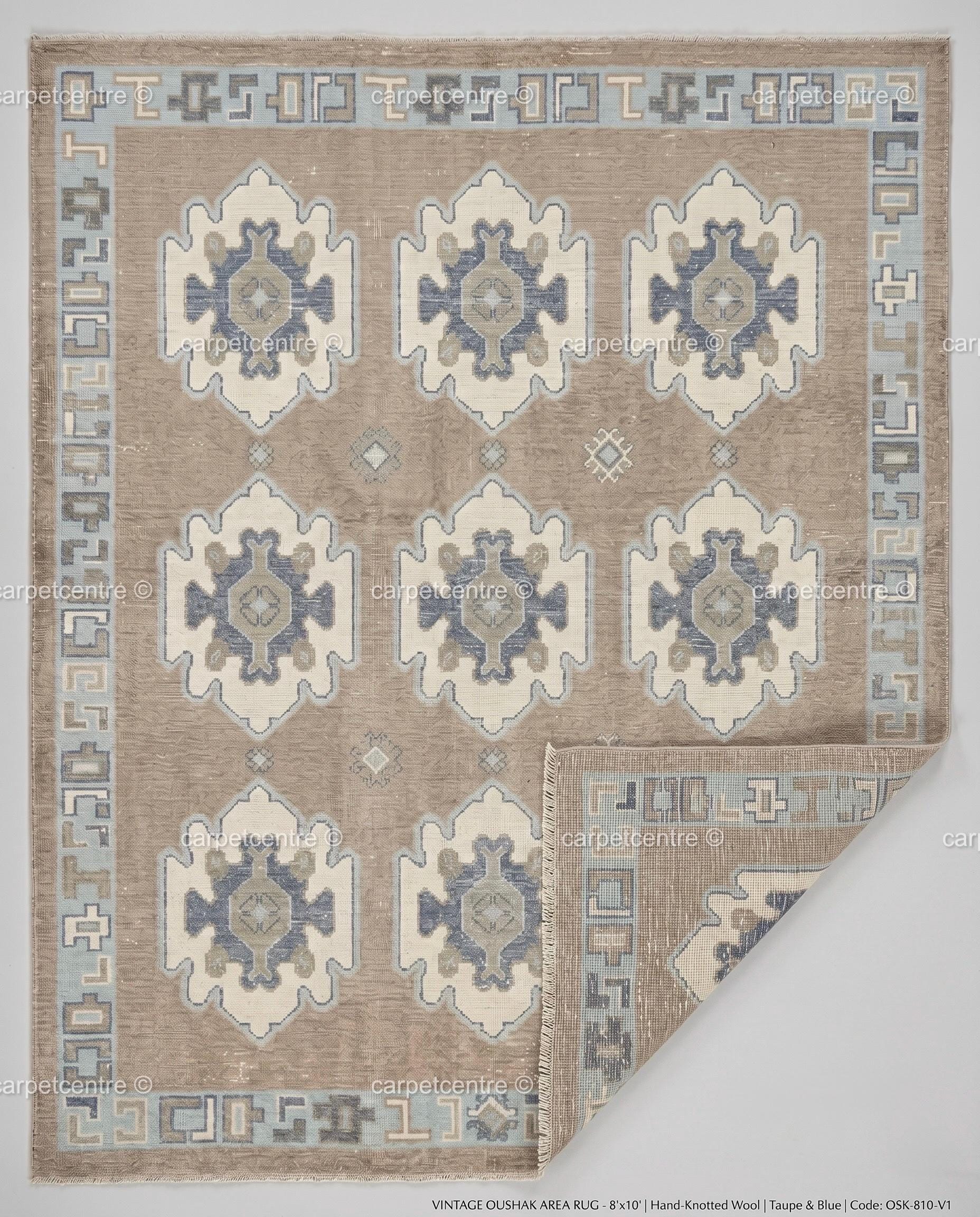 Hand Knotted Wool Oushak Rug | Taupe Blue Tribal Vintage Style Carpet