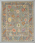 Hand Knotted Wool Oushak Rug, Slate Grey Floral Carpet