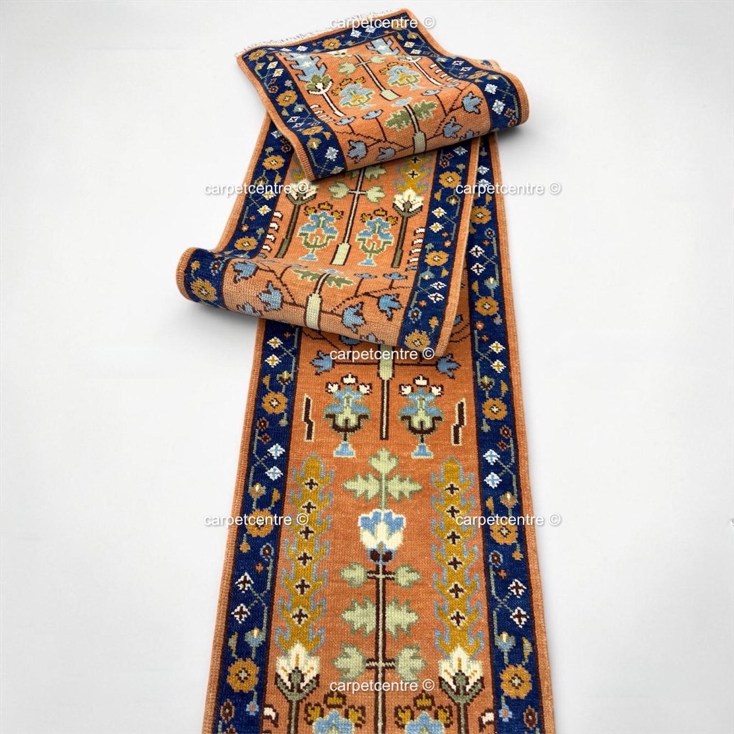 Hand-Knotted Wool Oushak Runner, Terracotta Tree of Life, Navy Border Hallway Rug