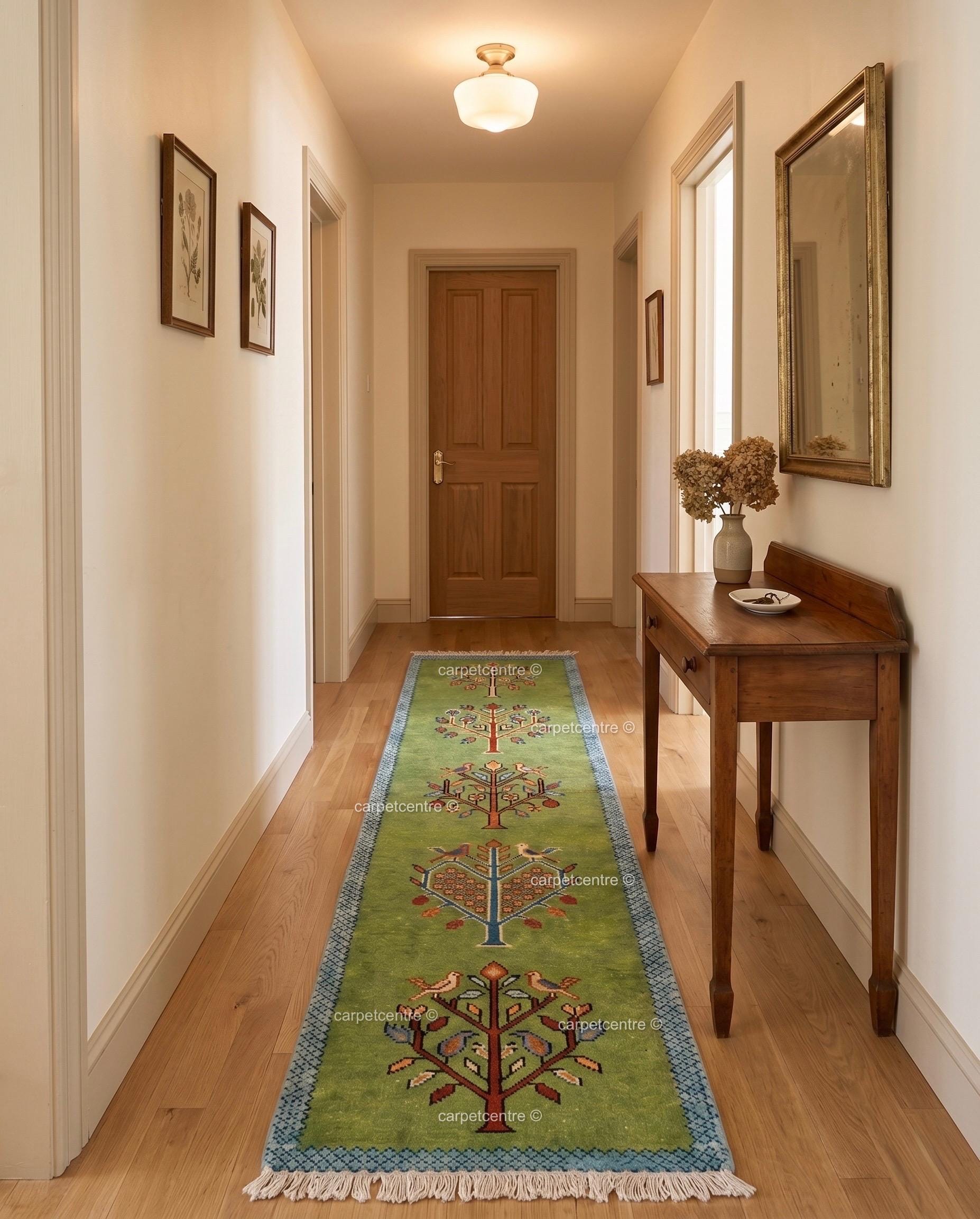 Green Wool Tribal Tree Runner Rug – Bird Motif Folk Art Hallway Carpet