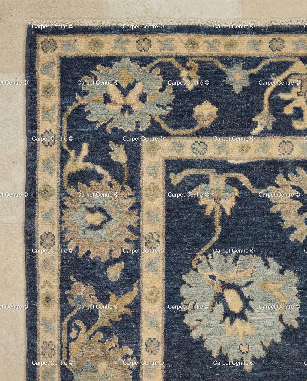 Hand-Knotted Navy Oushak Rug, Wool Floral Turkish Carpet, Traditional Living Room Decor