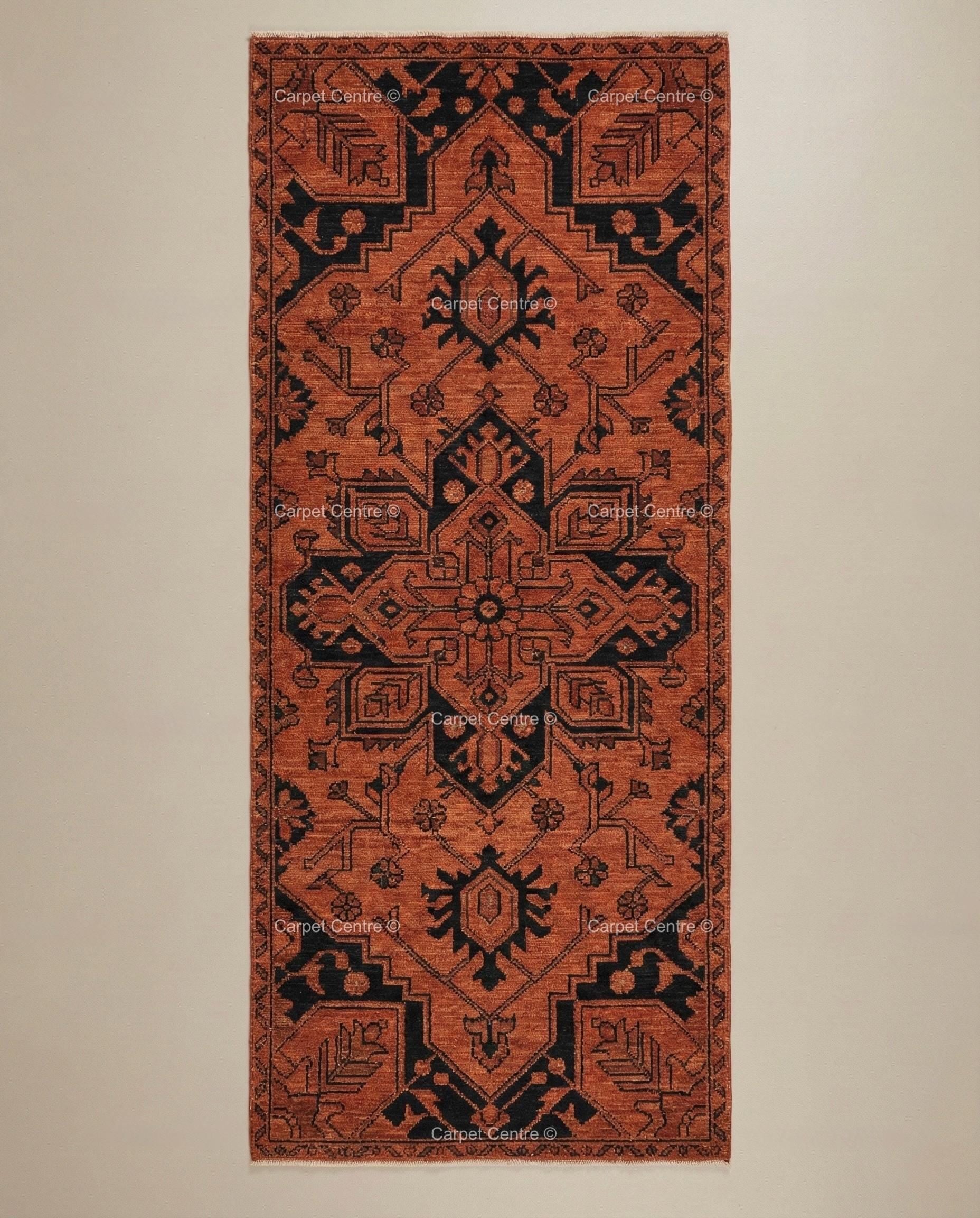 Rust Oushak Runner Rug, Hand-Knotted Wool, Turkish Knot Heriz Style