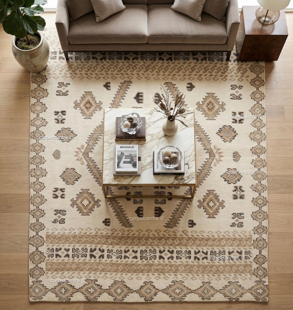 Hand-Knotted Oushak Wool Rug, Neutral Geometric Tribal Carpet, 8x10 9x12