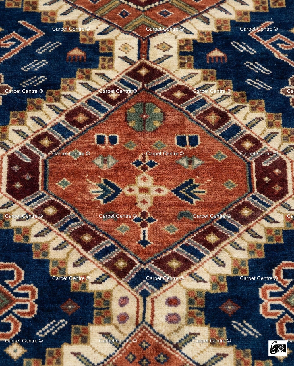 Hand Knotted Wool Oushak Rug – 9x12 Navy Blue & Rust Tribal Medallion