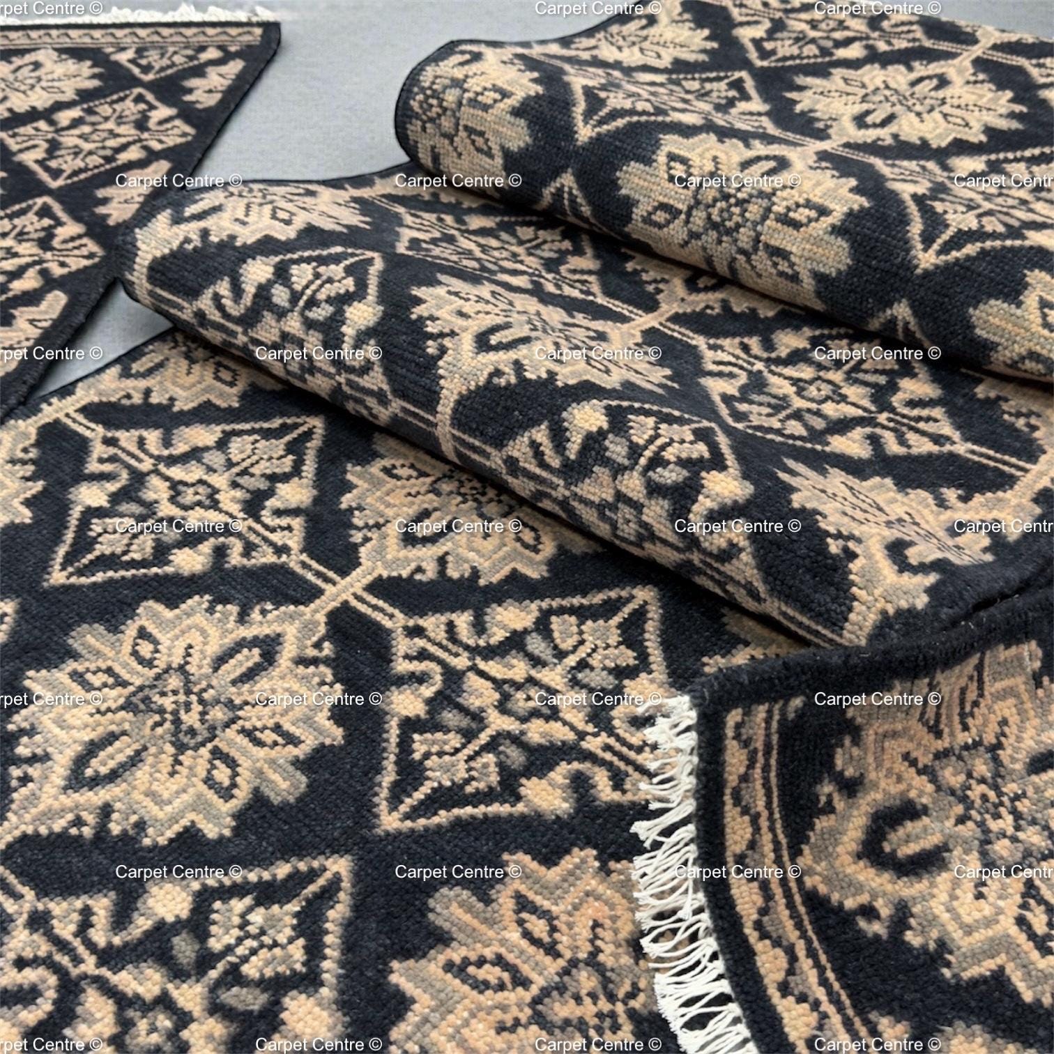 Hand-Knotted Oushak Wool Runner Rug, Black Geometric Design Hallway Entryway Carpet