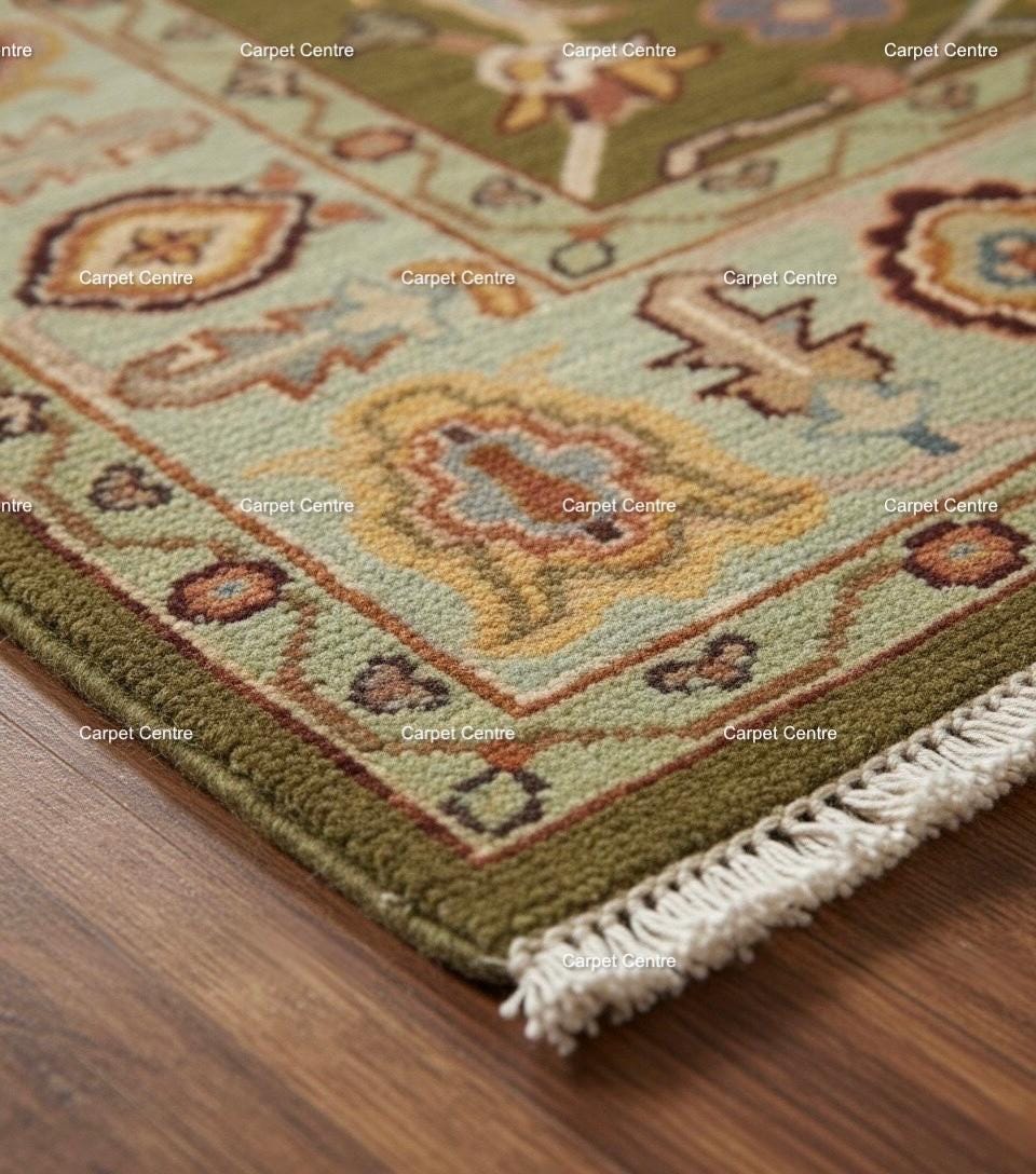 Hand Knotted Wool Rug, Olive Green Floral Carpet, Oriental Area Rug