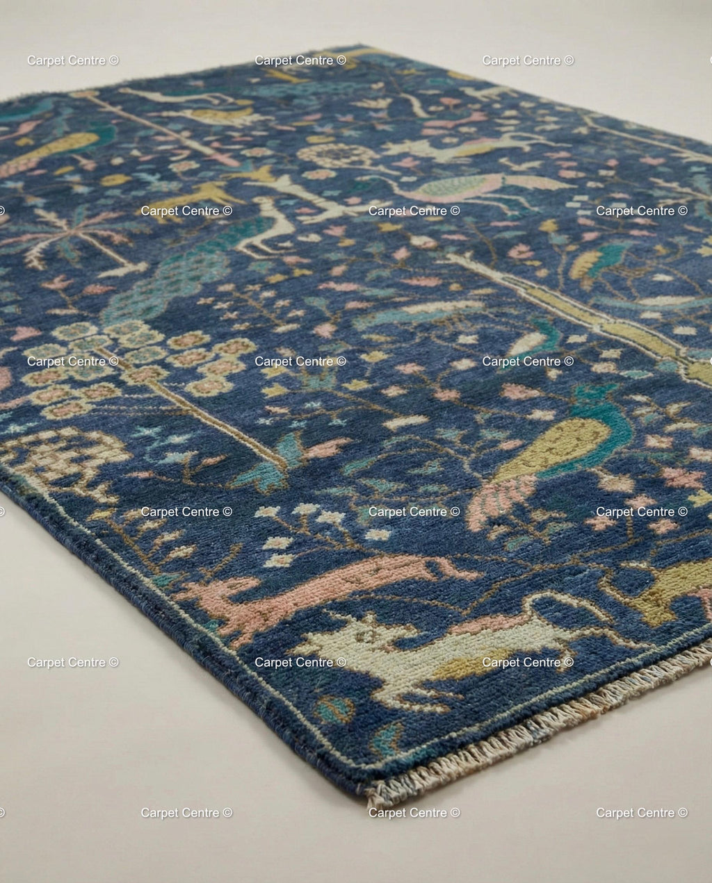Navy Oushak Wool Rug, Hand-Knotted Tree of Life Animal Design, Boho Decor