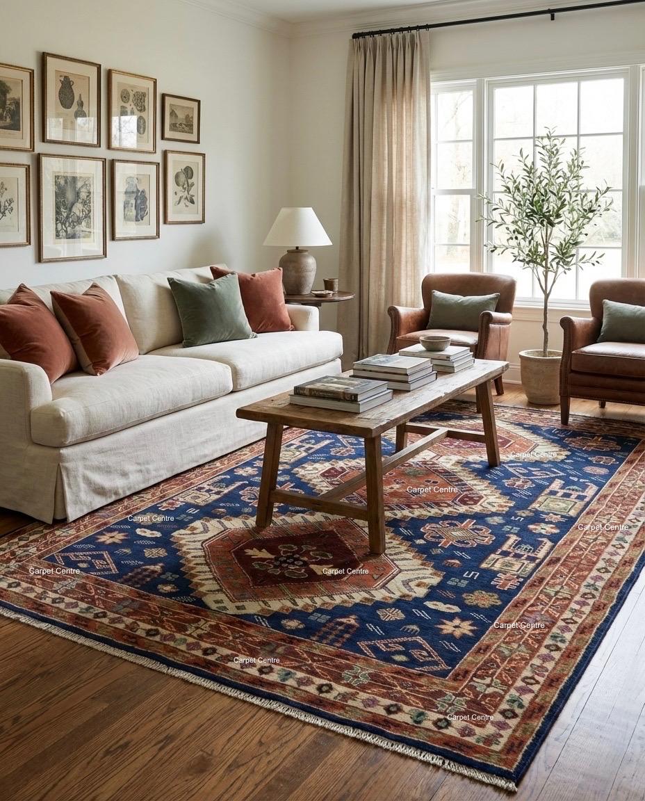 Hand Knotted Wool Oushak Rug – 9x12 Navy Blue & Rust Tribal Medallion