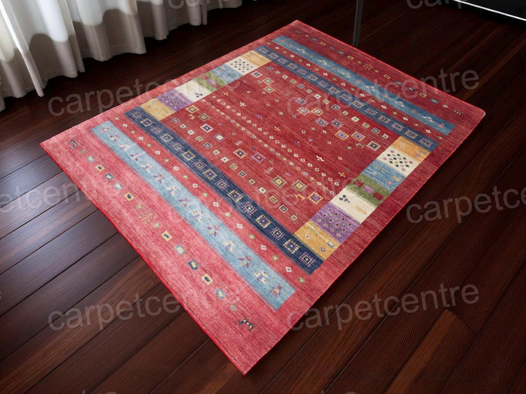 Hand-Knotted Bamboo Silk Rug | Red Geometric Tribal Gabbeh Carpet (7'5"x5'9")