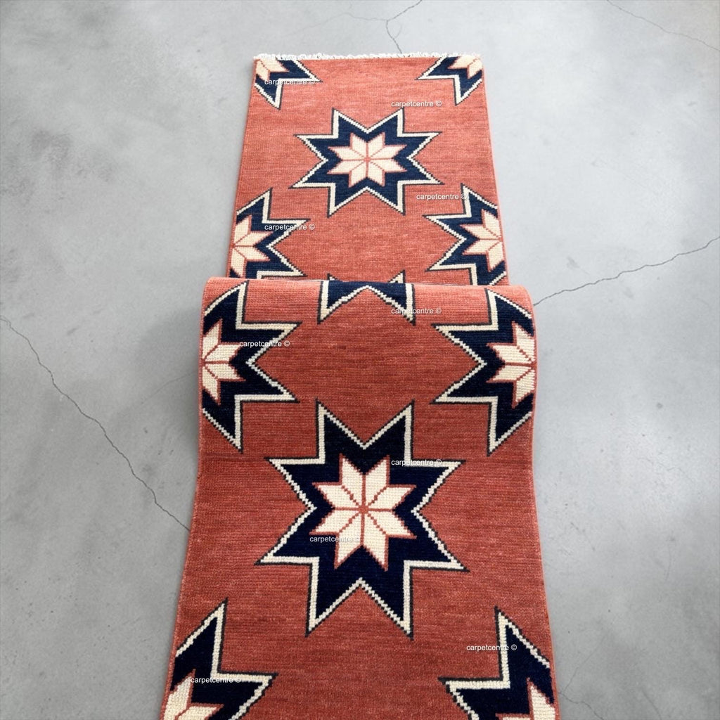 Terracotta Star Oushak Runner Rug | Geometric Navy Boho Hallway Entryway Rug