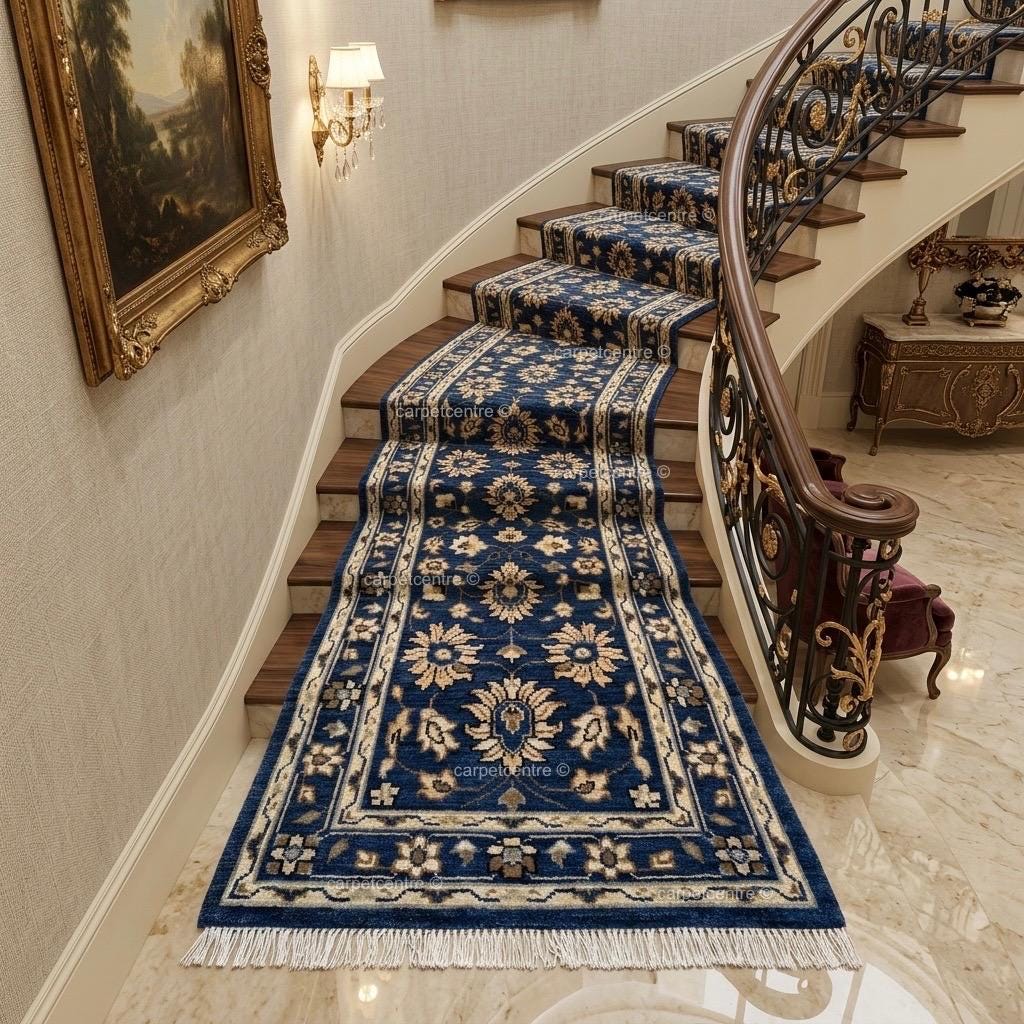 Handmade Oushak Wool Runner Rug: Navy Blue Floral Hallway Rug