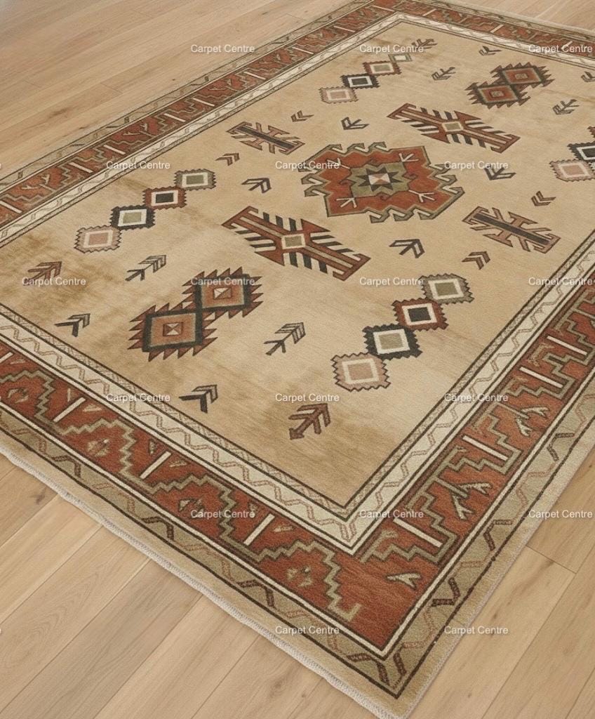 Hand-Knotted Wool Oushak Rug, Beige Geometric Tribal Design