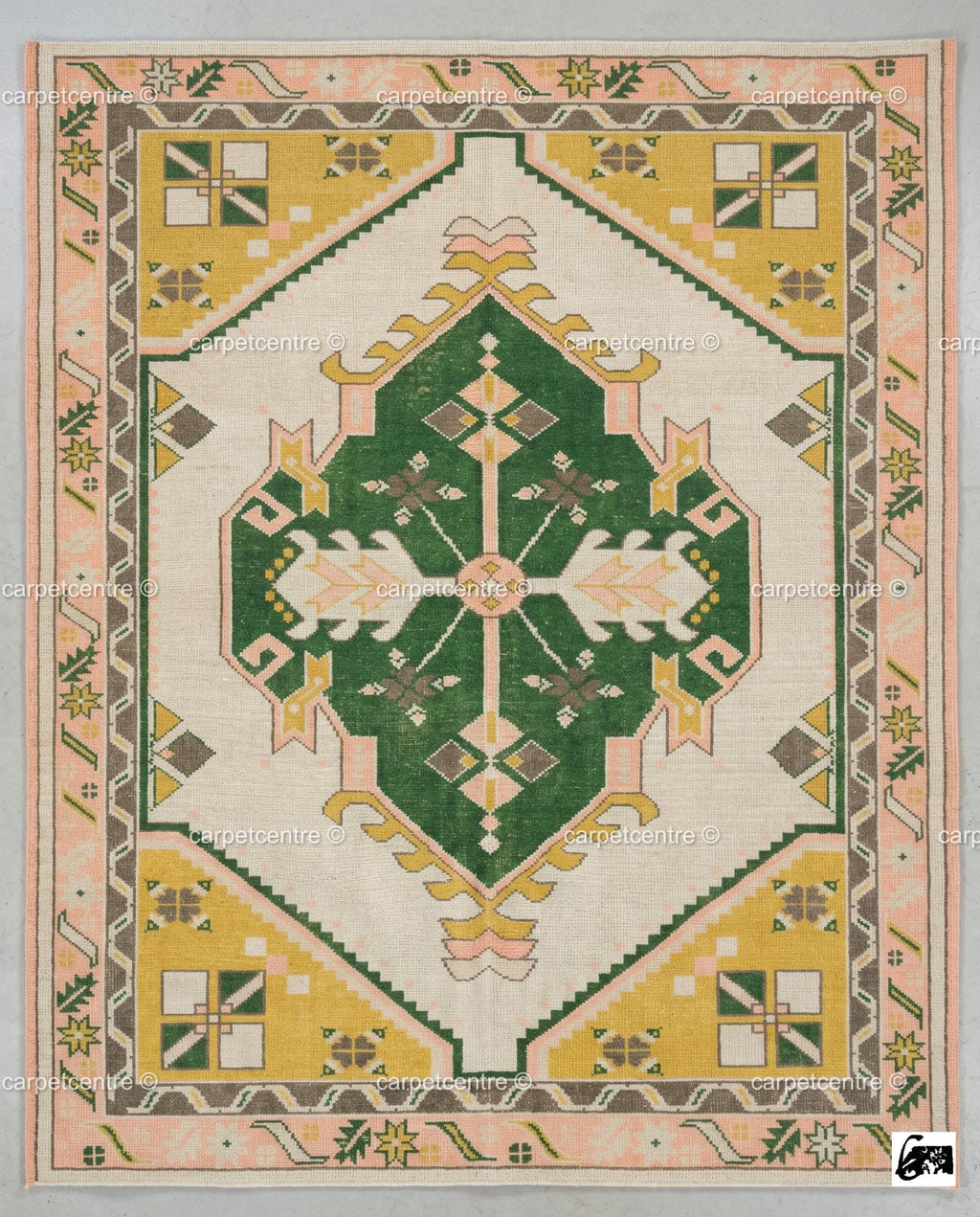 Hand Knotted Wool Oushak Rug | Green, Yellow, Pink Geometric Boho Area Rug