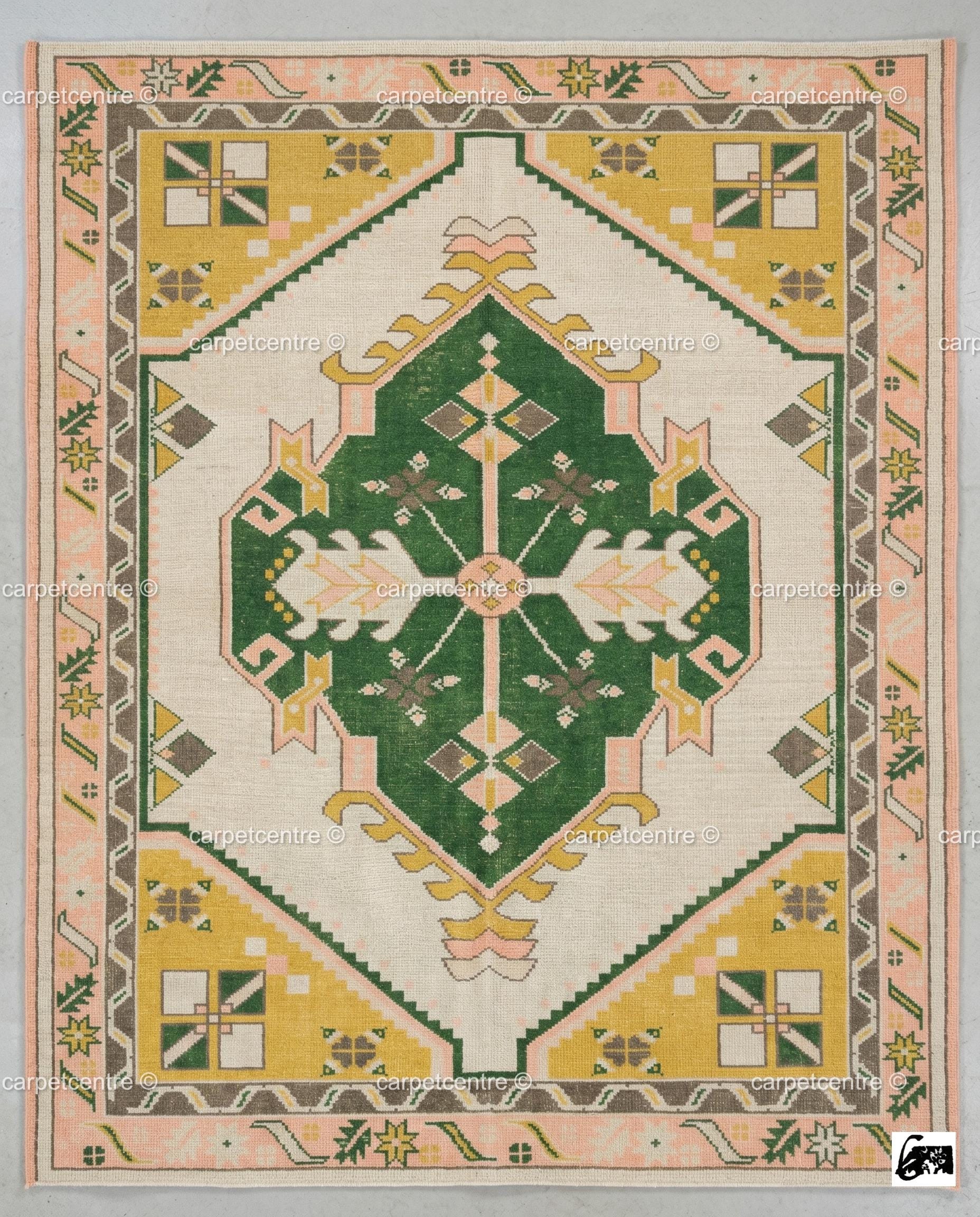 Hand Knotted Wool Oushak Rug | Green, Yellow, Pink Geometric Boho Area Rug