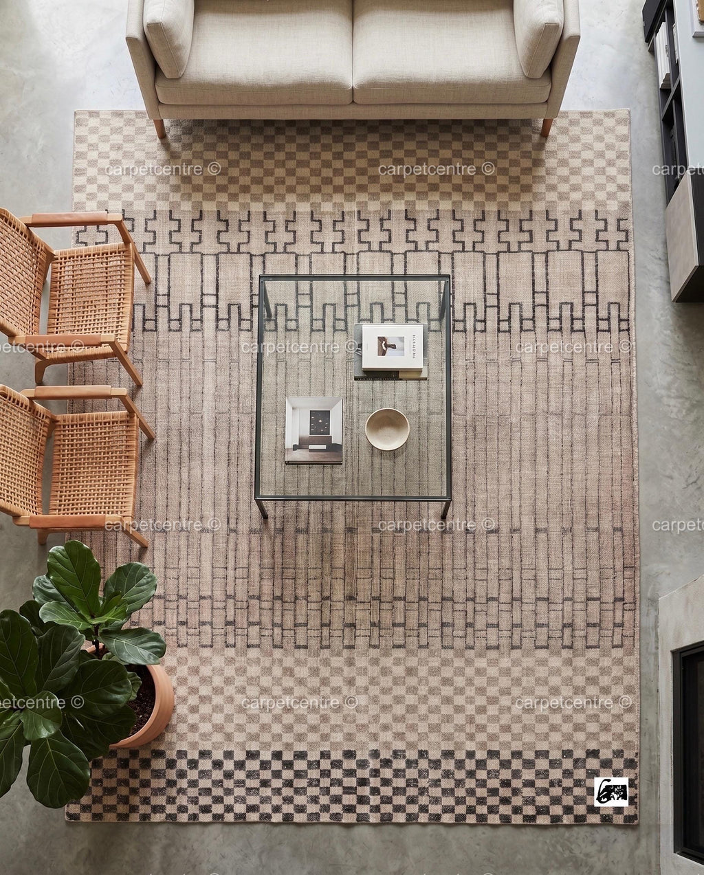 Neutral Geometric Oushak Rug | Beige Charcoal Checkered Wool Carpet