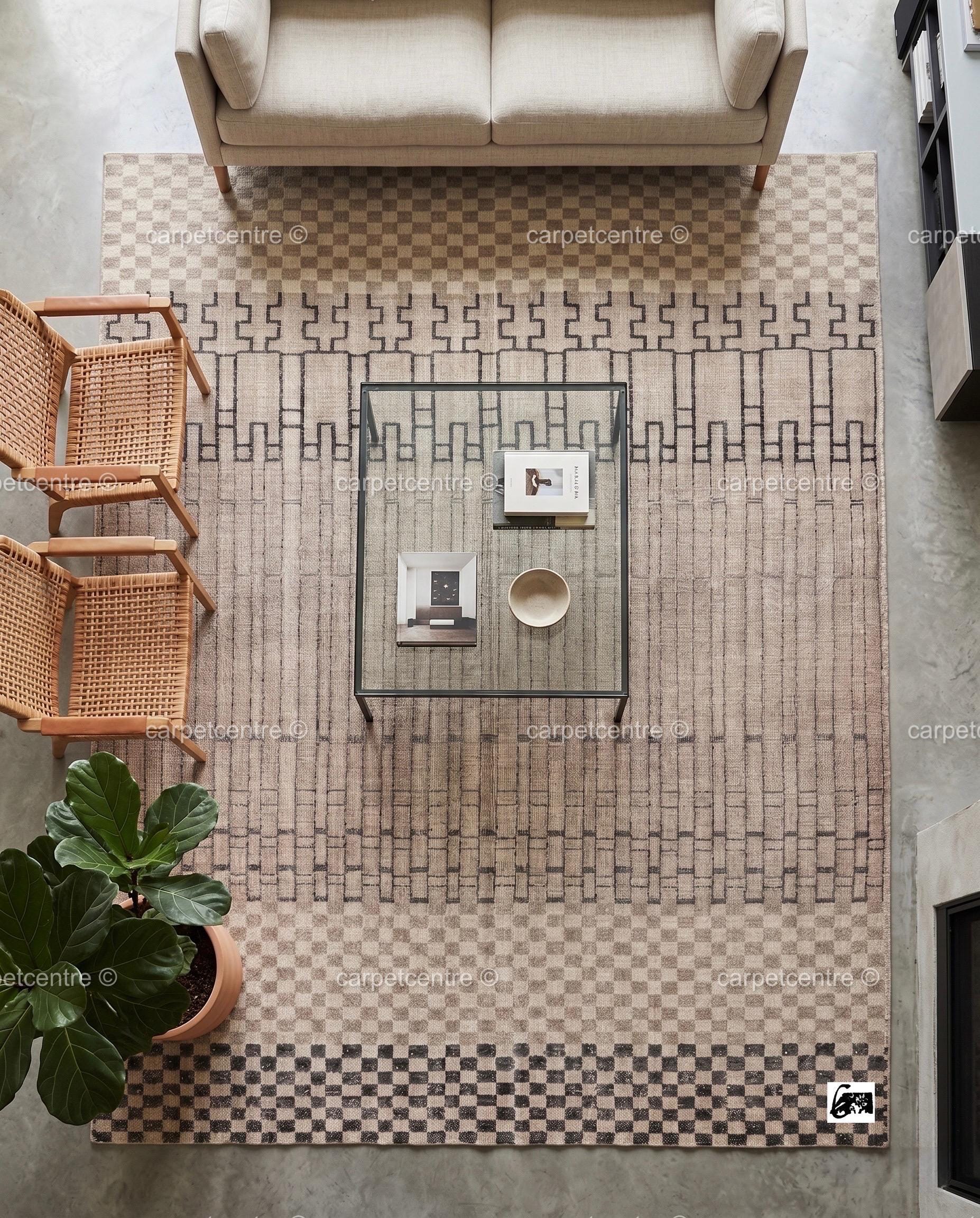 Neutral Geometric Oushak Rug | Beige Charcoal Checkered Wool Carpet