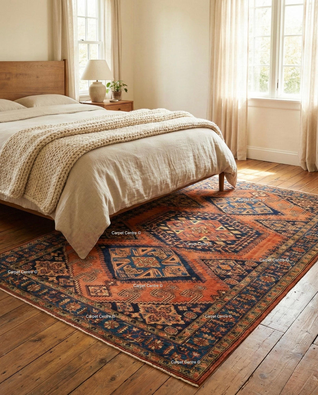 Terracotta Oushak Wool Rug, Rust Orange & Navy Blue, Hand Knotted