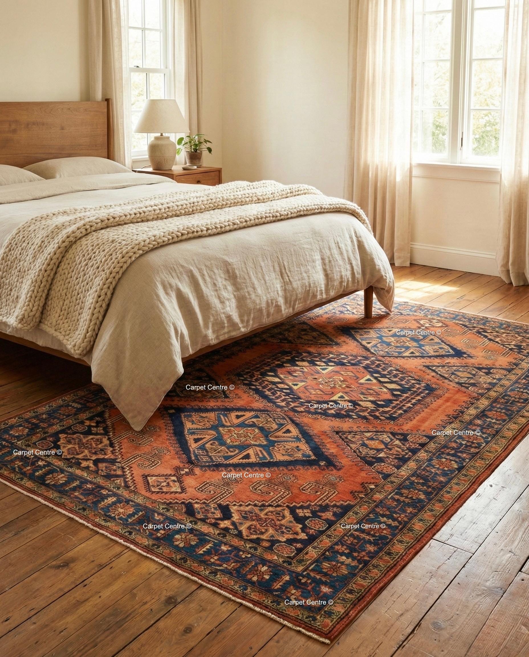 Terracotta Oushak Wool Rug, Rust Orange & Navy Blue, Hand Knotted