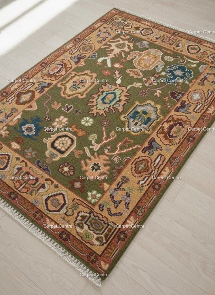 Olive Green Oushak Rug, Hand-Knotted Wool, Boho Farmhouse Decor