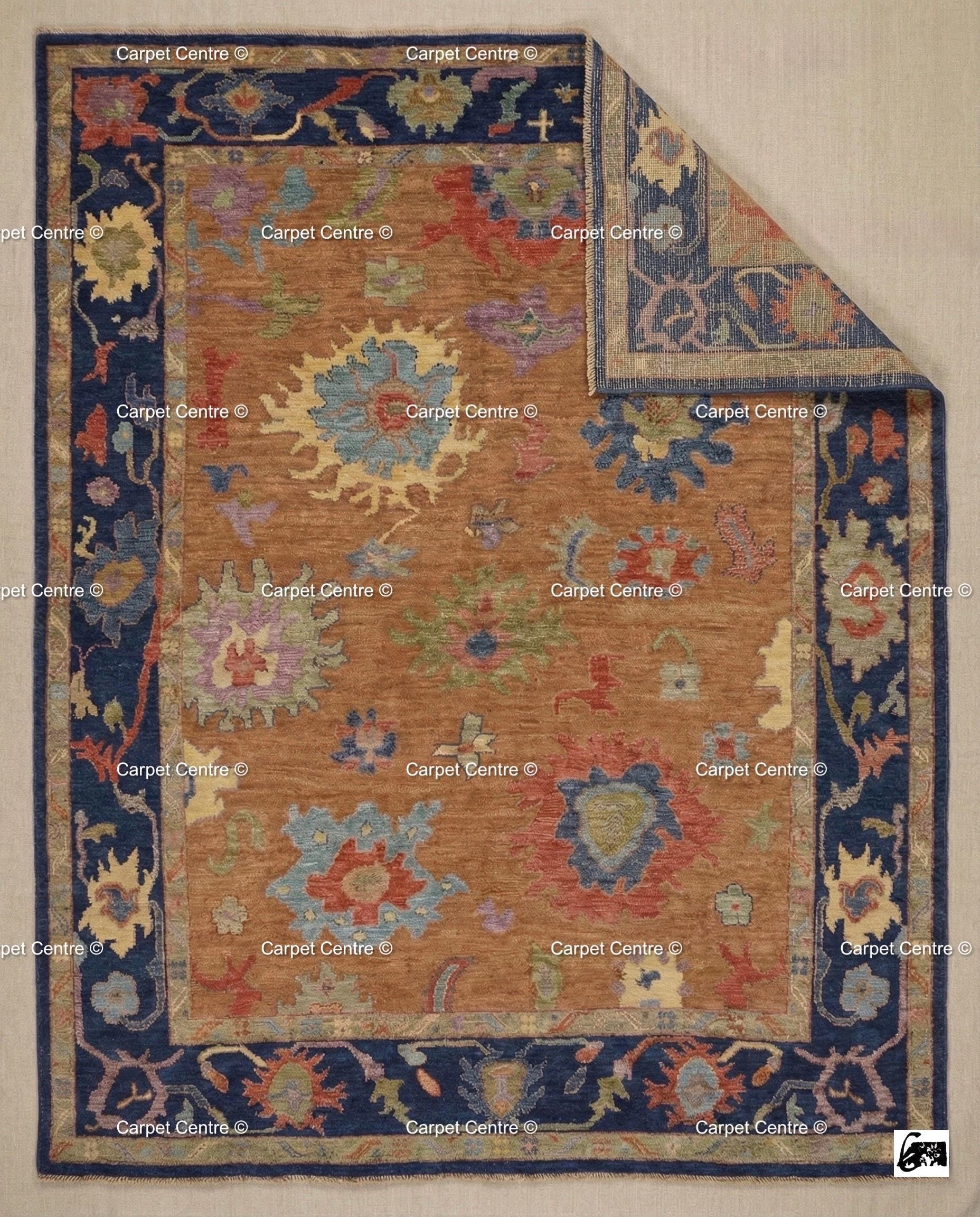 Hand Knotted Wool Oushak Rug – Rust Orange & Navy, Turkish Knot