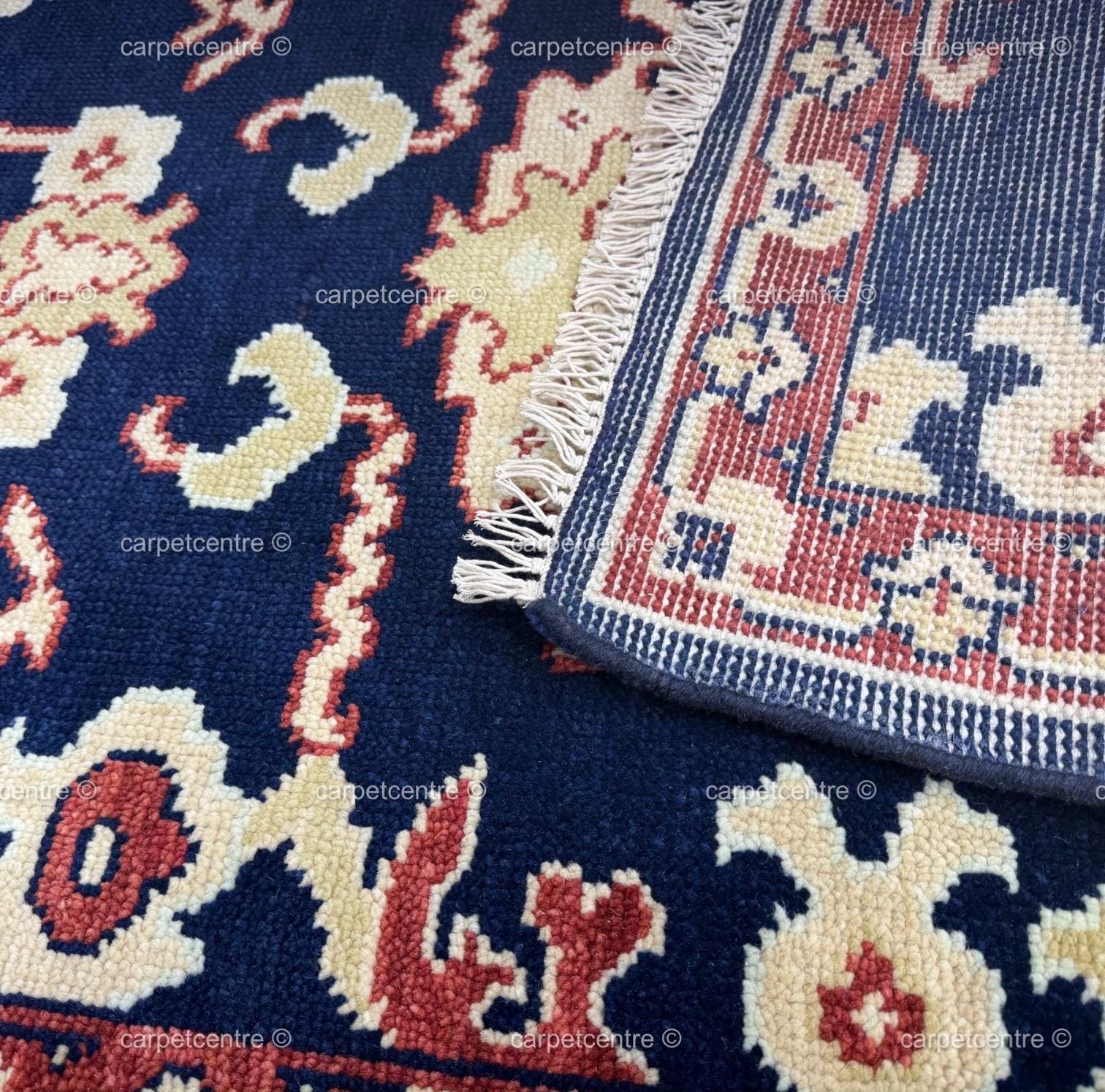 Hand-Knotted Wool Runner Rug, Navy Blue Tribal Design, Traditional Hallway Entryway Carpet