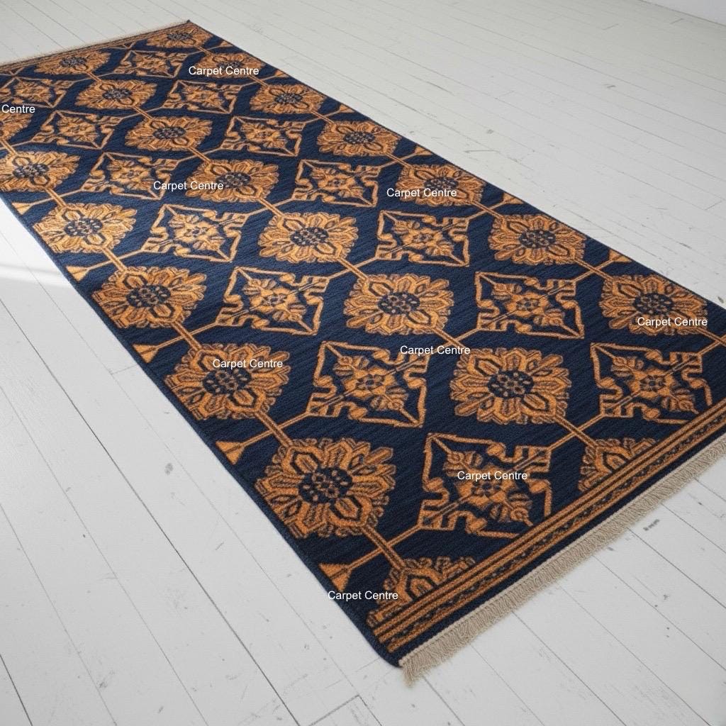 Navy Blue Gold Geometric Hand-Knotted Wool Runner Rug, 2x8 Entryway Hallway Carpet