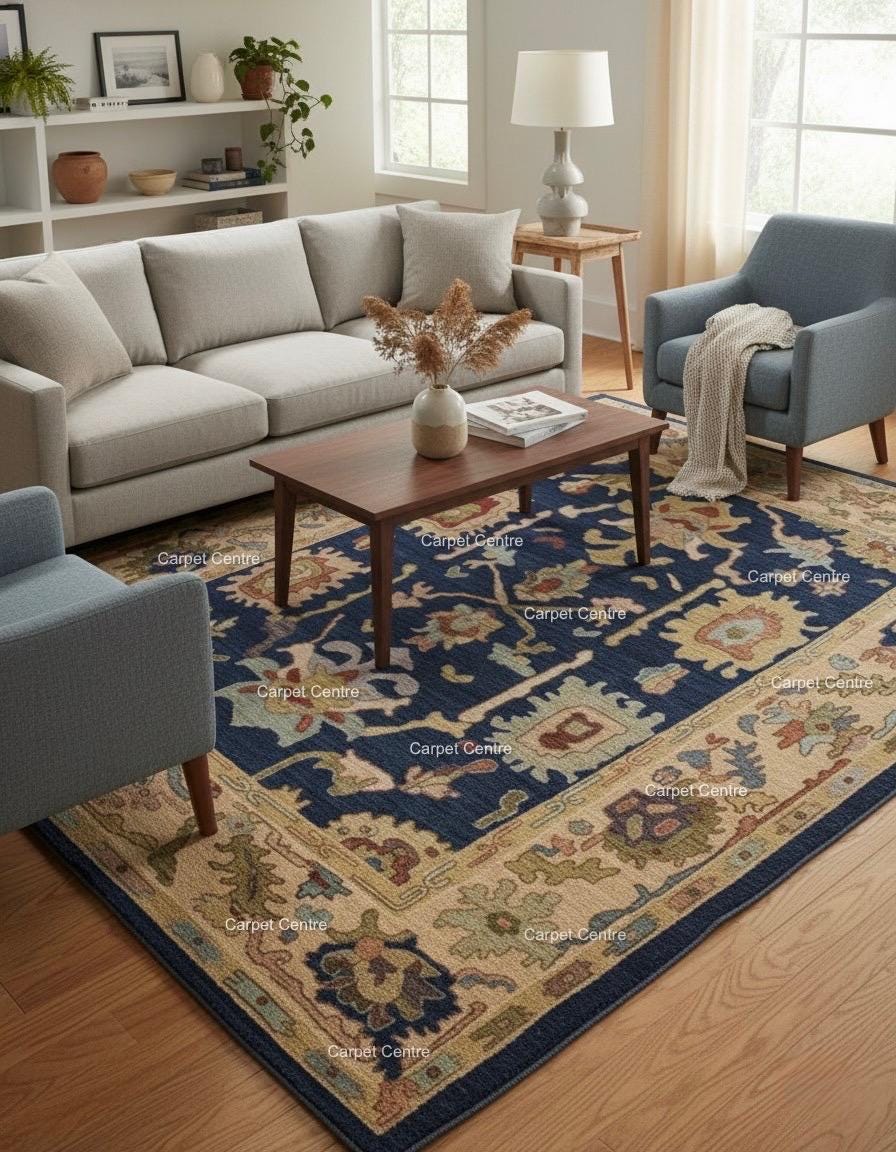 Navy Blue Oushak Wool Rug | Hand-Knotted Medallion Carpet