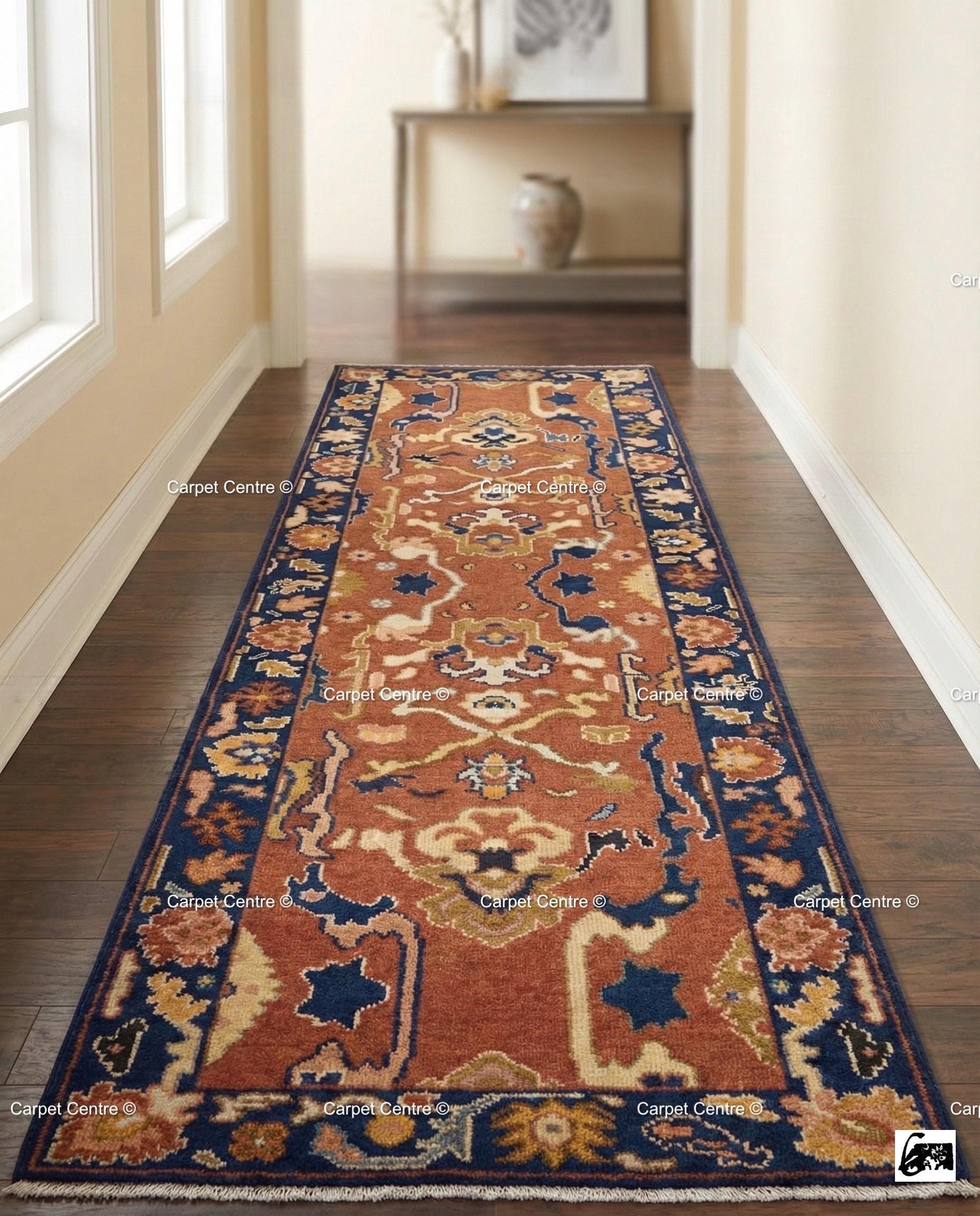 Hand Knotted Wool Runner Rug, Rust Navy Geometric Oushak, Boho Southwestern Decor