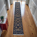 Hand-Knotted Wool Runner Rug | Navy Blue Oushak Floral Hallway Carpet