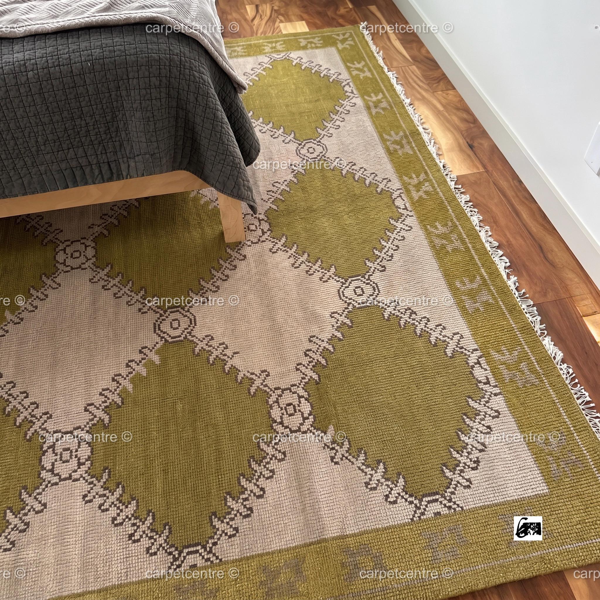 Hand Knotted Oushak Rug, Olive Green Geometric New Zealand Wool Area Rug
