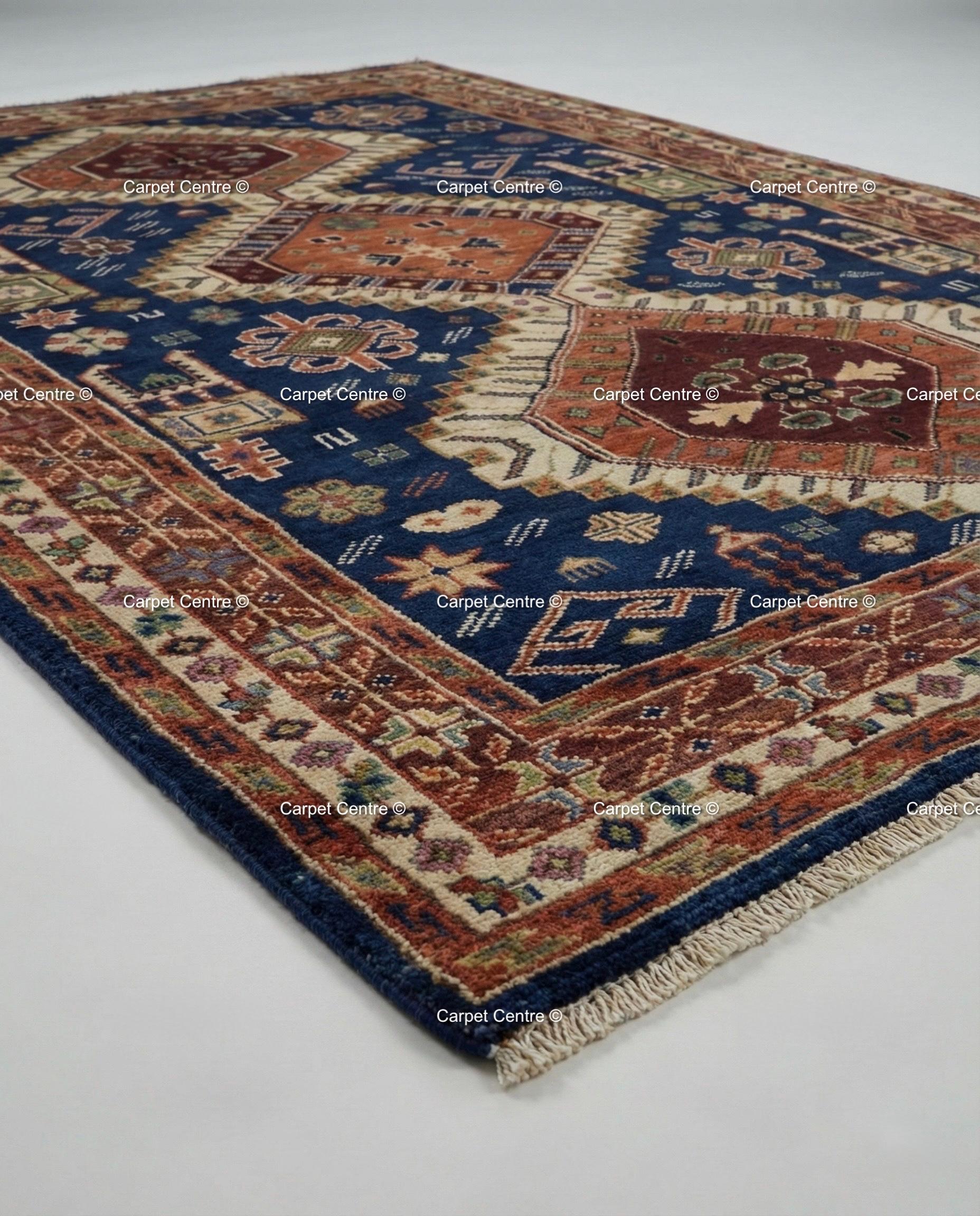 Hand Knotted Wool Oushak Rug – 9x12 Navy Blue & Rust Tribal Medallion