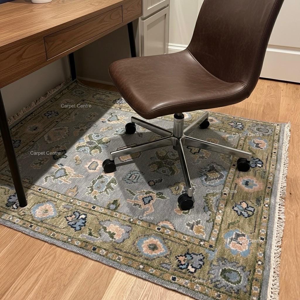 8x10 Hand-Knotted Wool Oushak Rug, Sage Green Border, Modern Traditional Floral