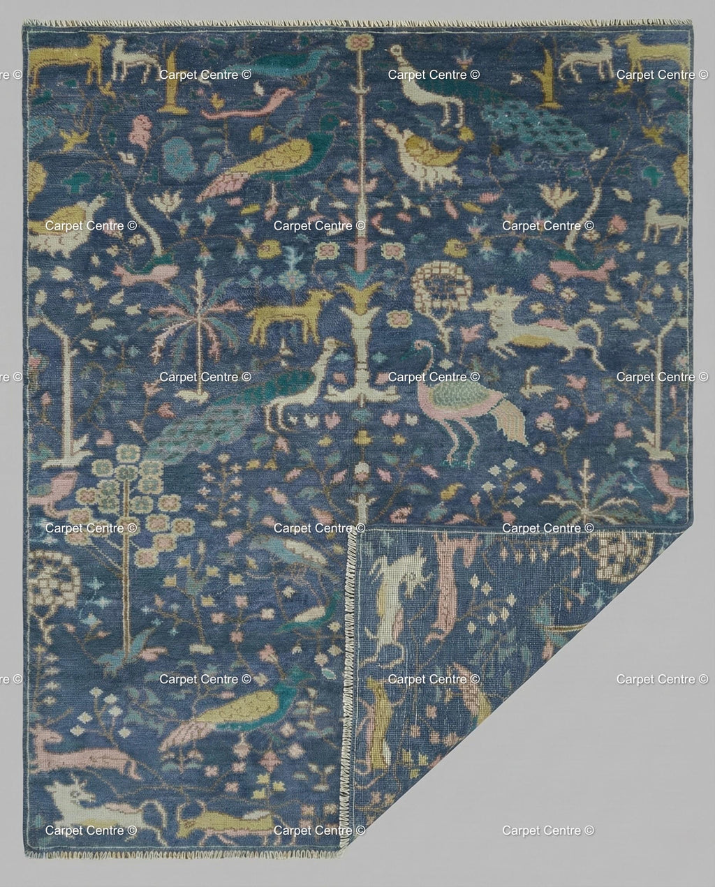 Navy Oushak Wool Rug, Hand-Knotted Tree of Life Animal Design, Boho Decor