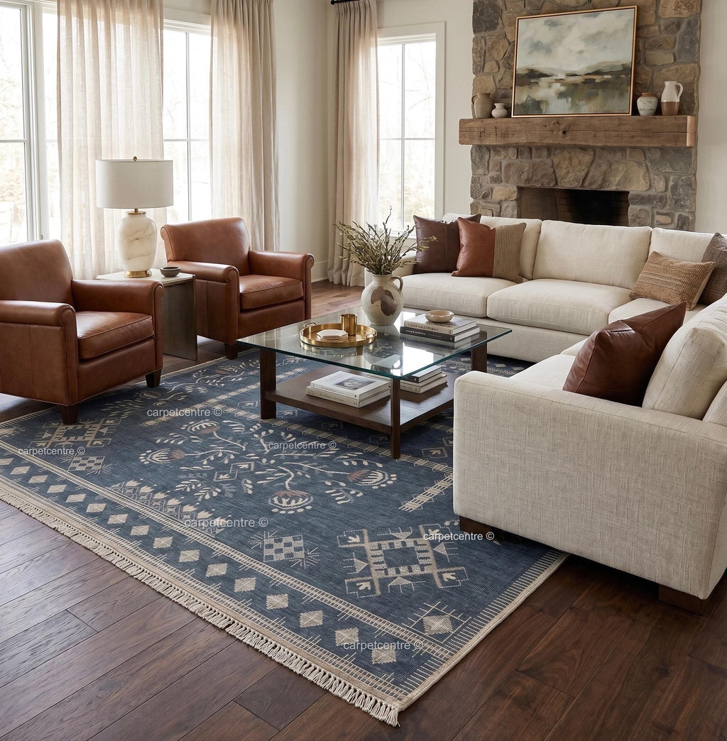 Hand Knotted Wool Oushak Rug, Navy Blue Tribal Floral Area Rug